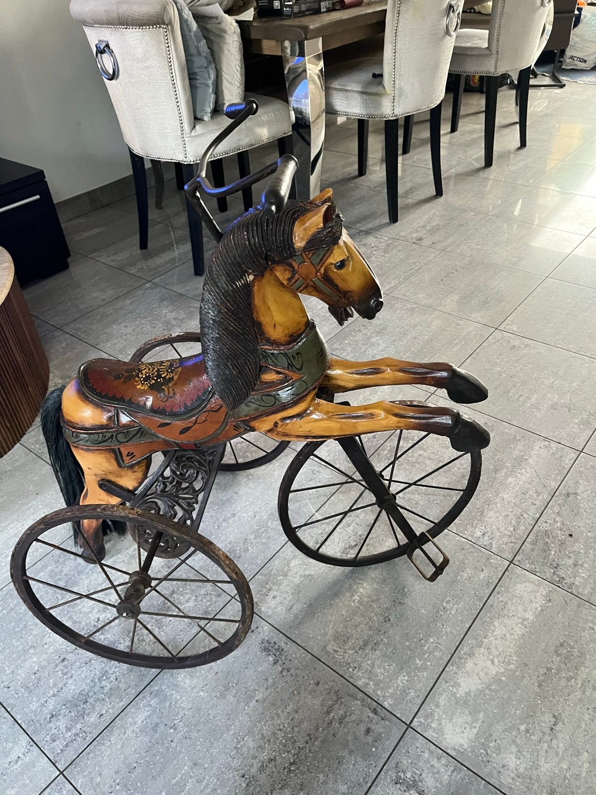 Prachtige Antieke Houten Driewieler Paard, Antiek en Kunst, Ophalen