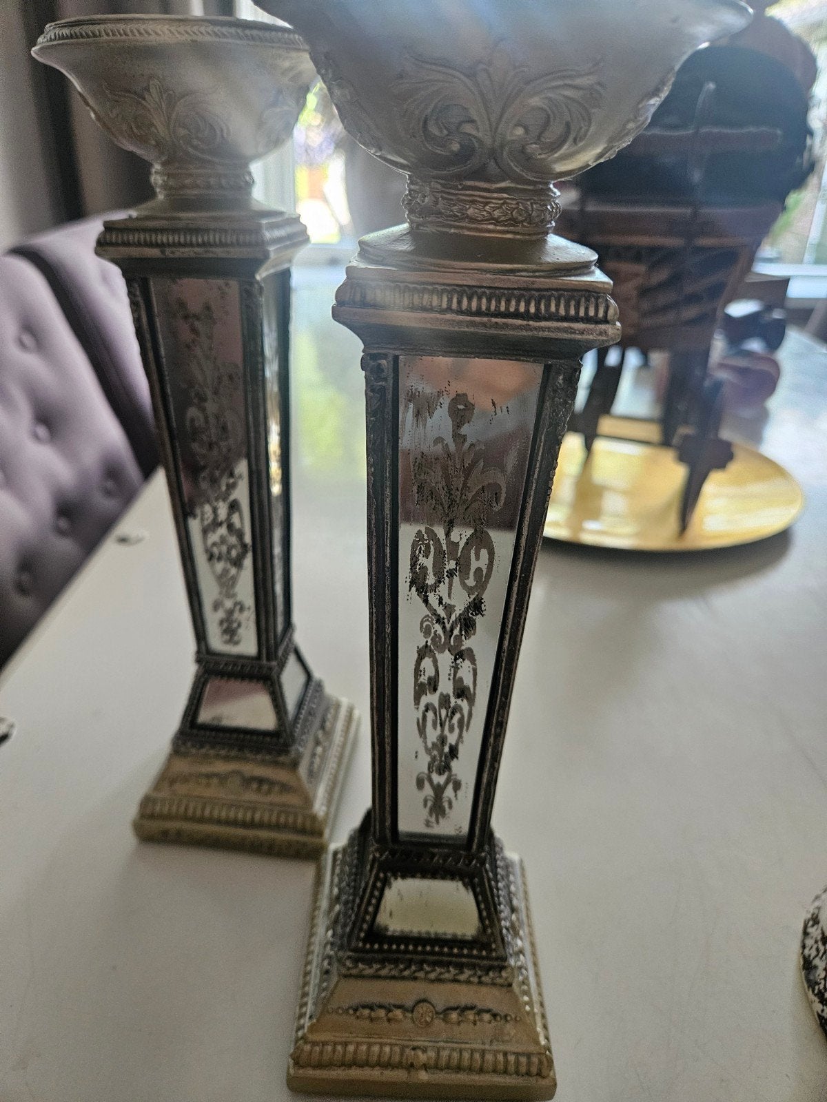 Set van 2 messing en zilveren kandelaars met spiegeltjes, Antiek en Kunst, Ophalen of Verzenden, Zilver