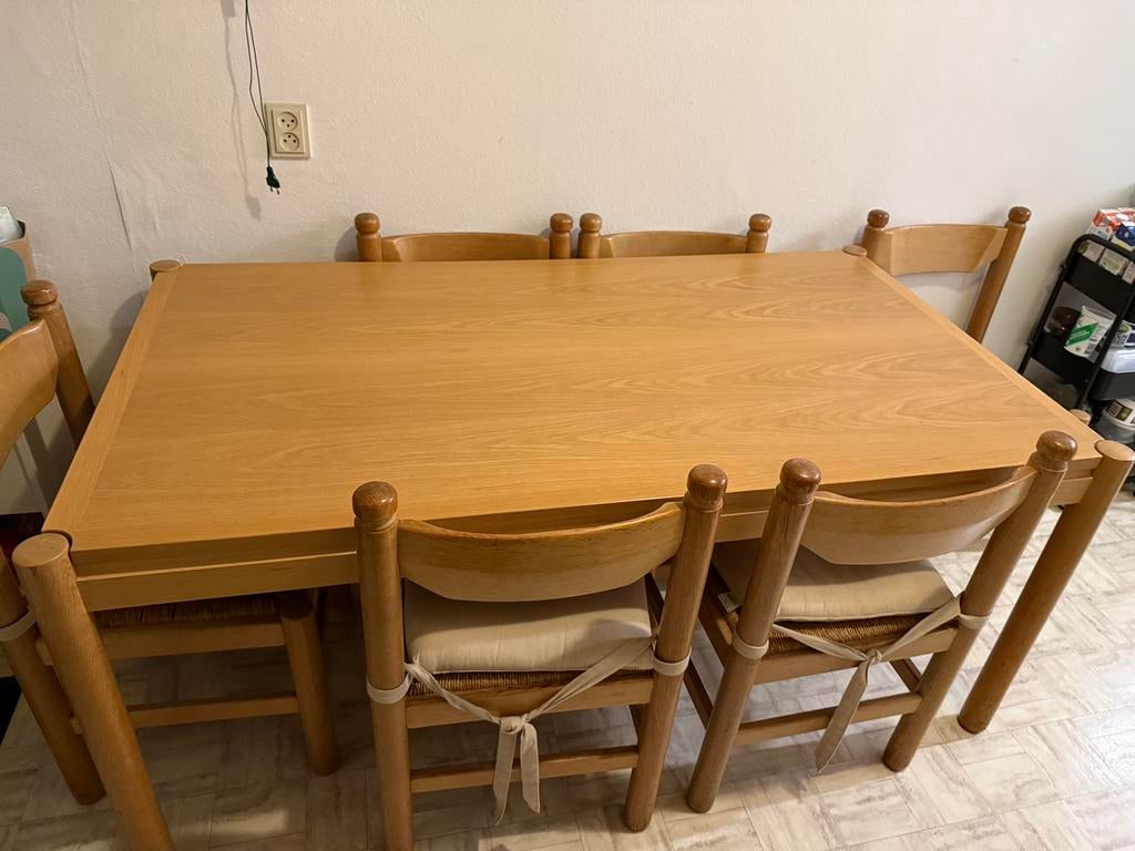 Massief houten eettafel met 6 stoelen, Ophalen, Zo goed als nieuw, 6 tot 8 stoelen