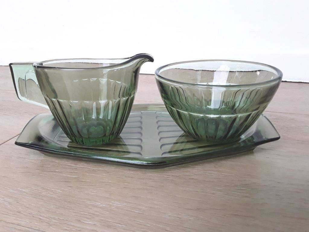 Vintage roomstel Copier Leerdam, groen glas, jaren 30, Antiek en Kunst, Ophalen of Verzenden