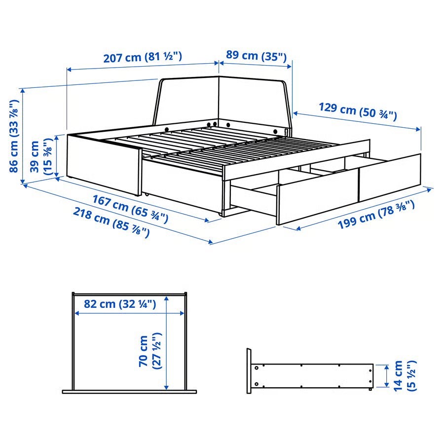 Ikea Flekke bedbank b 80-160 cm, l 200 cm incl 2 lades, Ophalen, Wit, Tweepersoons, Zo goed als nieuw