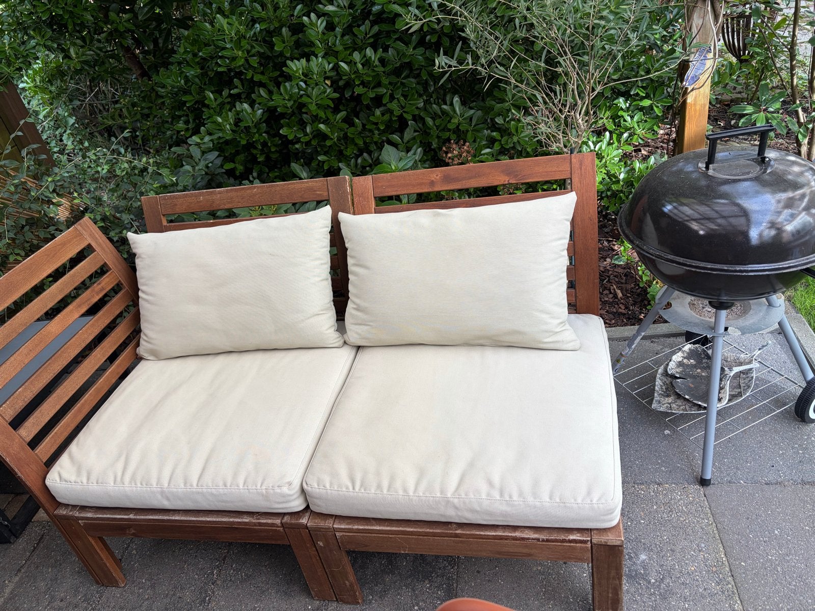 Houten Loungeset met Kussens - 2 Zitplaatsen, Tuin en Terras, Tuinsets en Loungesets, Gebruikt, Loungeset, Bank, Hout