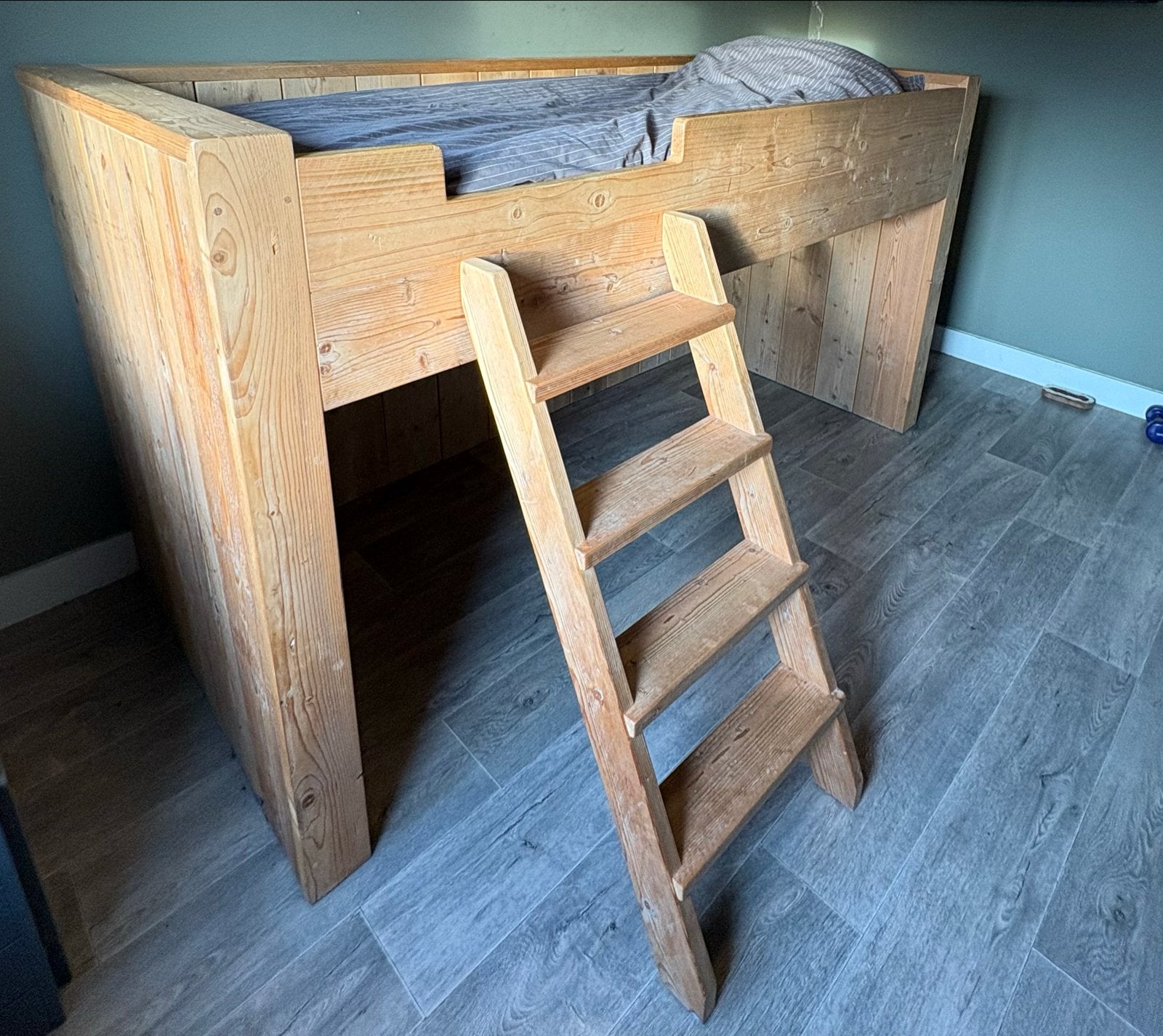 Stevig steigerhouten hoogslaper, Ophalen, Gebruikt, Eenpersoons, 160 tot 180 cm