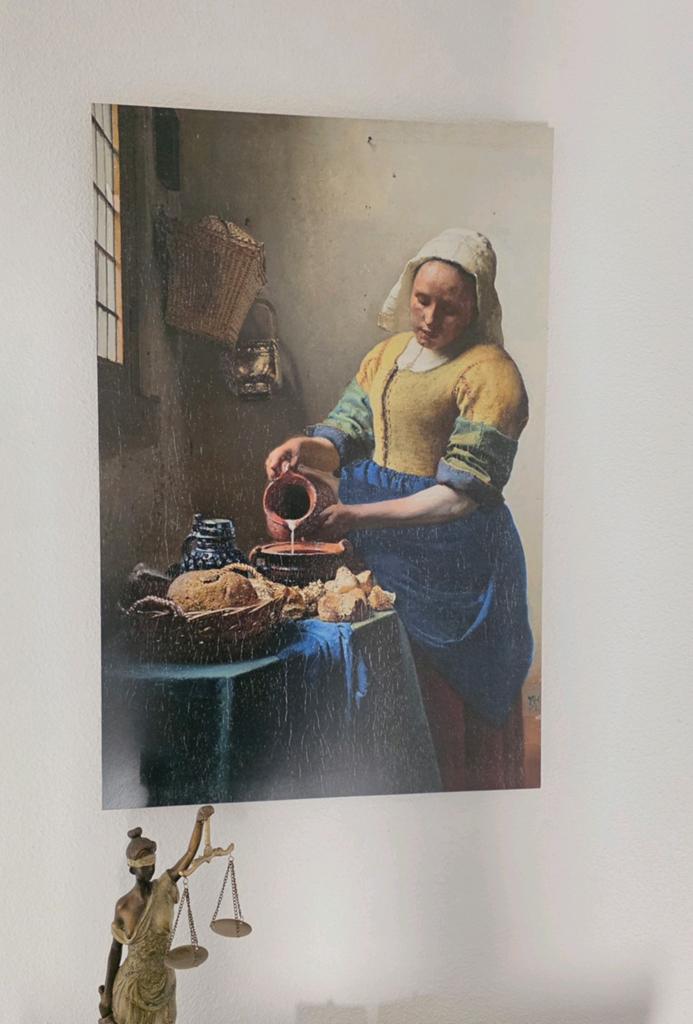 Wandpaneel met opdruk Melkmeisje van Vermeer  90 x 60 cm, Ophalen, 50 tot 75 cm, Schilderij, Minder dan 50 cm