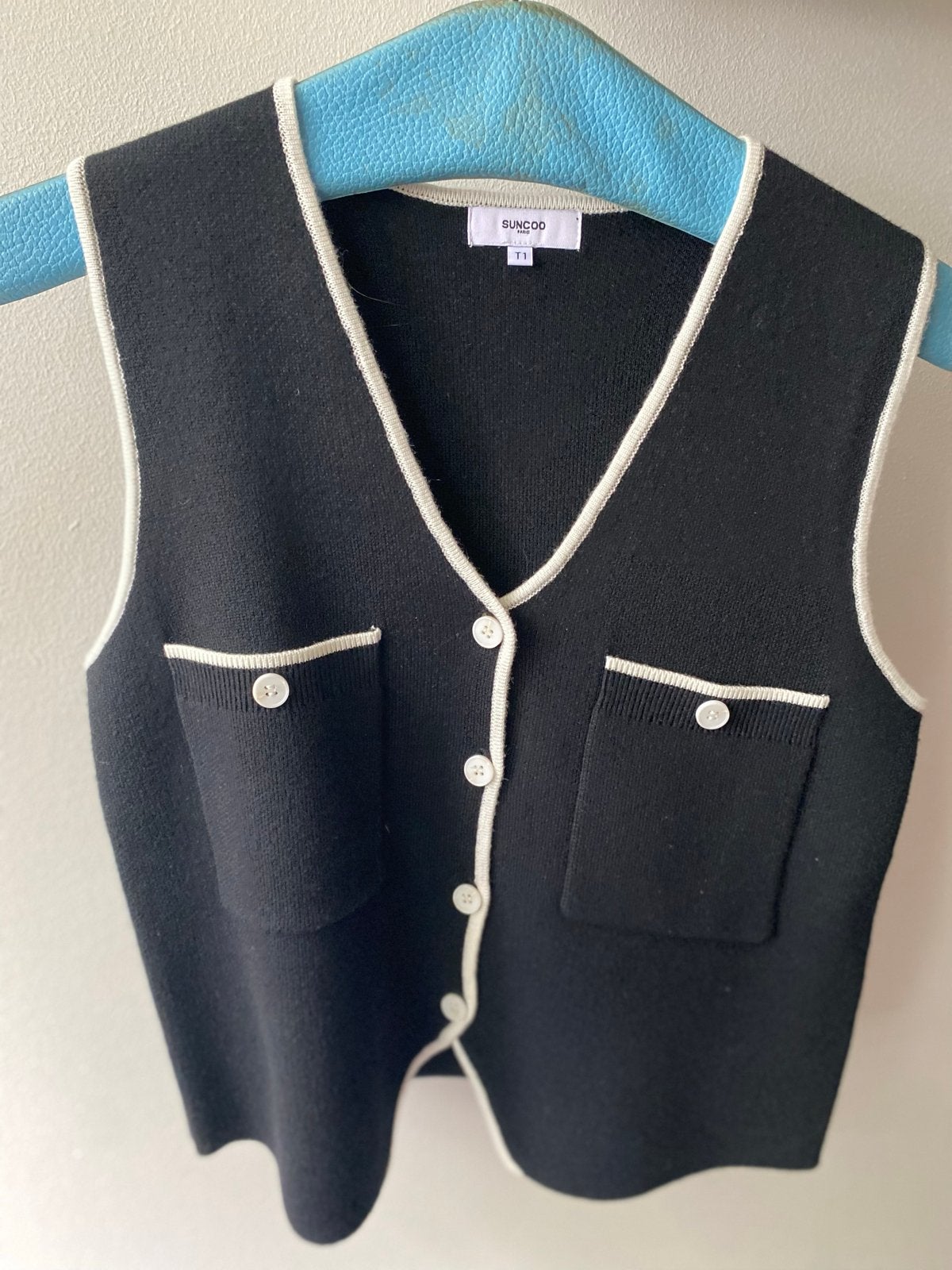 Suncoo gebreide top/gilet zwart met wit, maat T1 (S), Kleding | Dames, Zwart, Nieuw, Ophalen of Verzenden, Maat 36 (S)