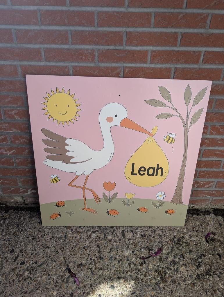Geboortebord Ooievaar Roze, Kinderen en Baby's, Kraamcadeaus en Geboorteborden, Ophalen, Zo goed als nieuw, Geboortebord