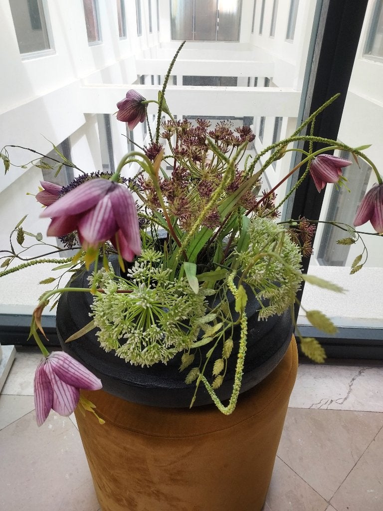boeket met campanula, allium en haver; plus 1, Binnen, 30 cm, Ophalen of Verzenden, Zo goed als nieuw