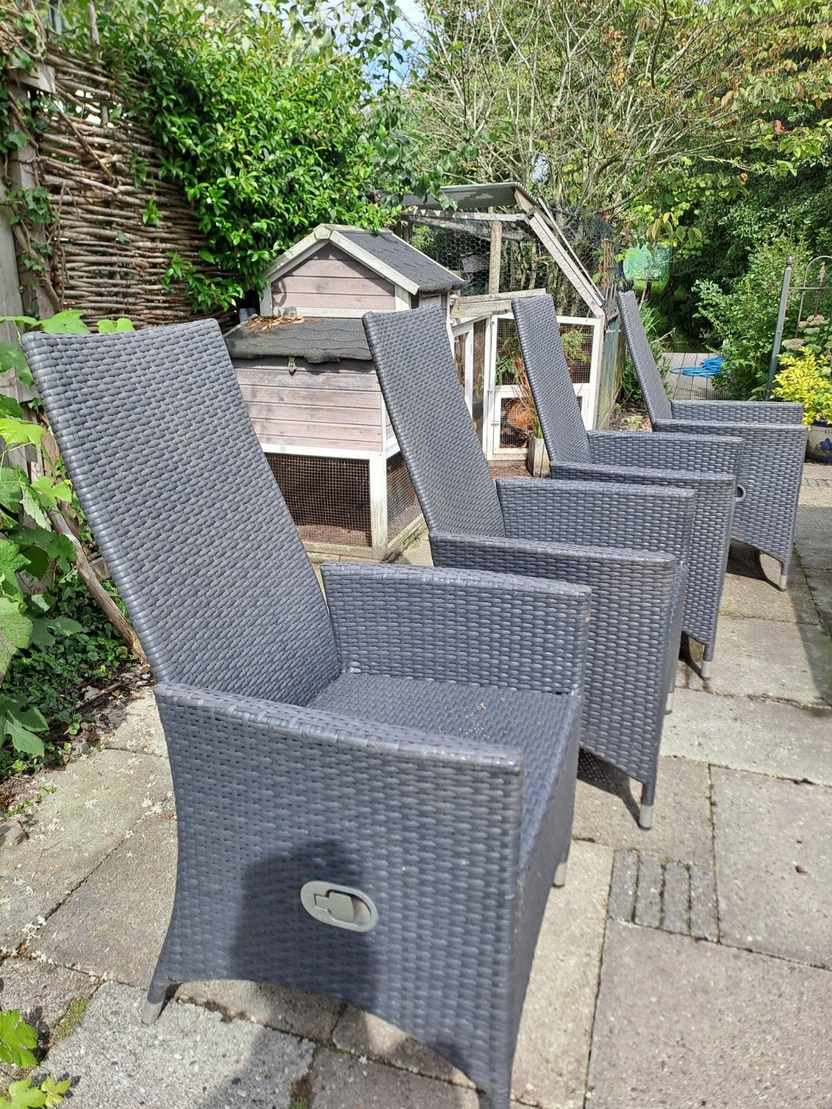4 wicker (eet-) tuinstoelen met relax stand, Tuin en Terras, Ophalen, Gebruikt, Kunststof, Verstelbaar