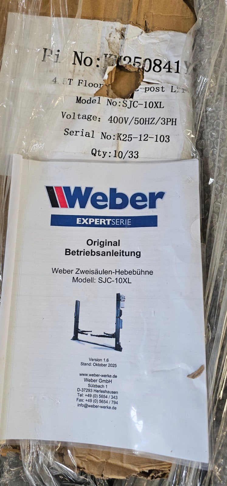 Weber 2 koloms hefbrug 4500 kg SJC-10XL - 400 Volt, Ophalen, Zo goed als nieuw