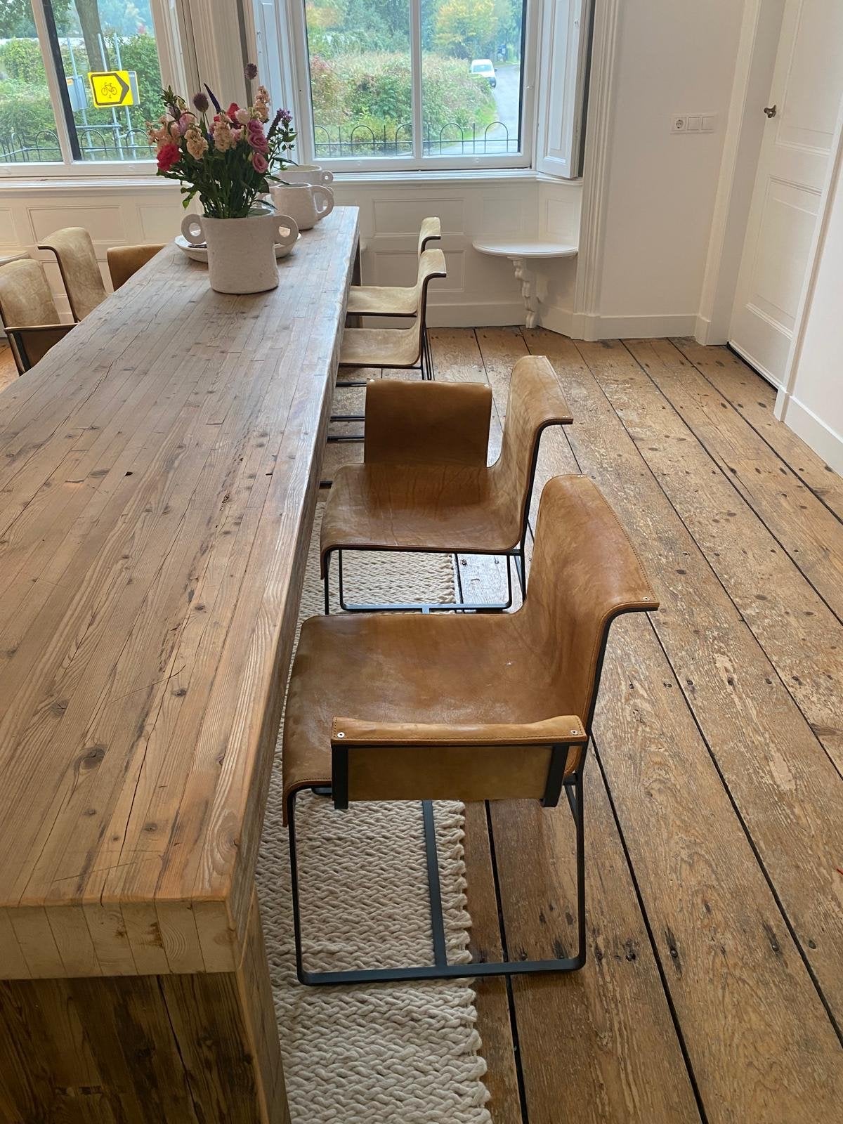 founded  designe eetkamer stoelen, set van 6 + een fauteuil, Ophalen, Gebruikt, Bruin, Leer
