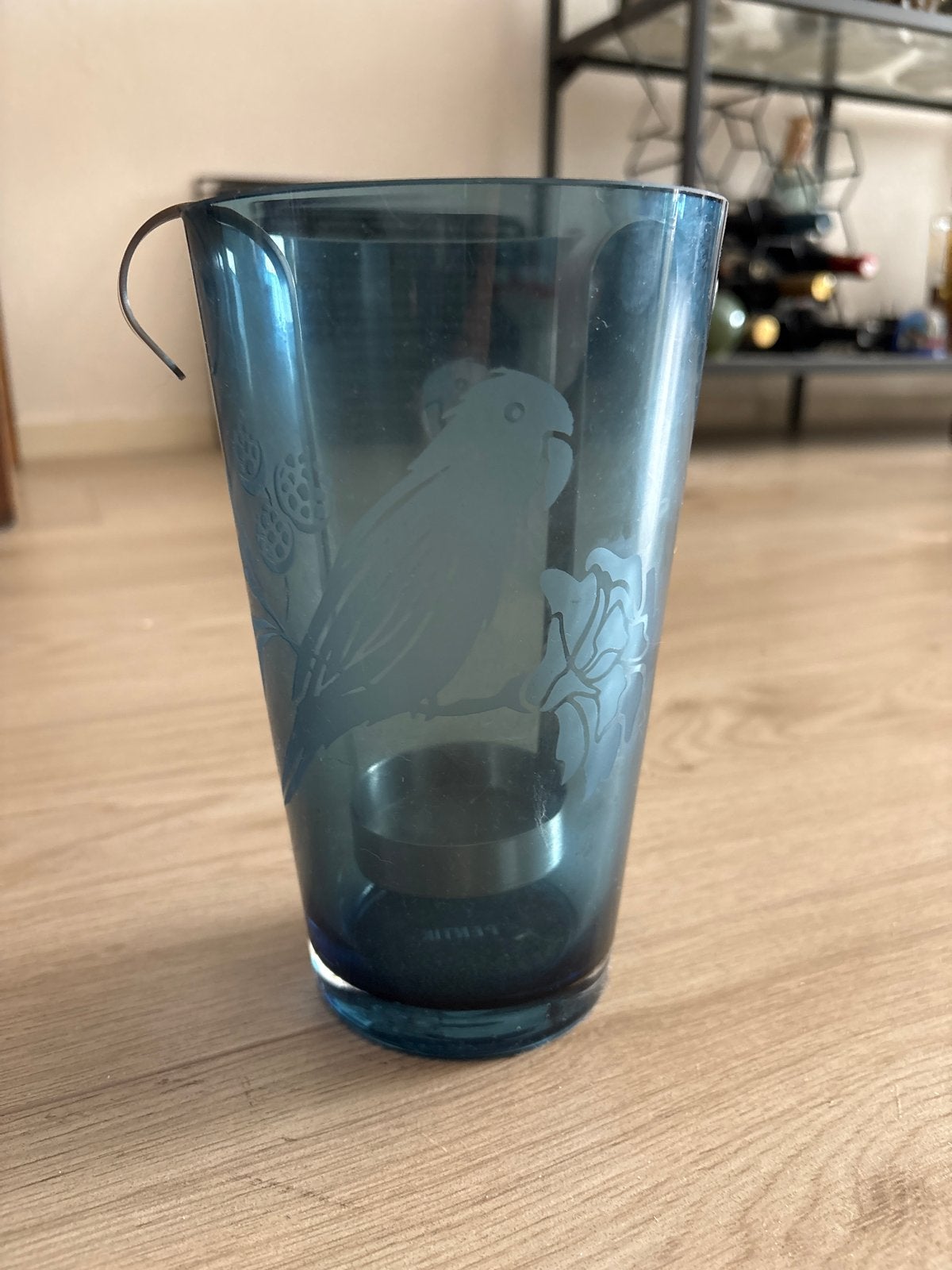 Blauwe glazen waxinelichthouder/vaas met papegaai decoratie, Huis en Inrichting, Blauw, Overige merken, Waxinelichthouder, Ophalen of Verzenden