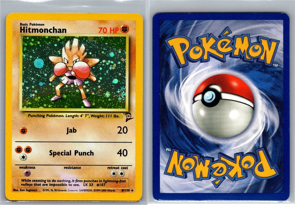 Hitmonchan Holo 8/130 Base Set 2 - Pokemon Kaart, Ophalen of Verzenden, Zo goed als nieuw, Losse kaart, Foil