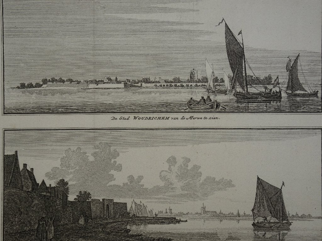 gravure stad en waterpoort Woudrichem, Spilman 1750, Antiek en Kunst, Stadsgezicht, Ophalen of Verzenden, Gravure, Dubbele gravure