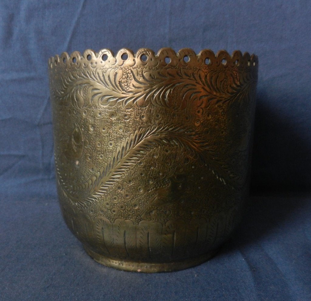 Gegraveerd koperen bloempot met vogels India ca. 1900 h. 12, Antiek en Kunst, Handgemaakt, India, Ophalen of Verzenden, 12 cm