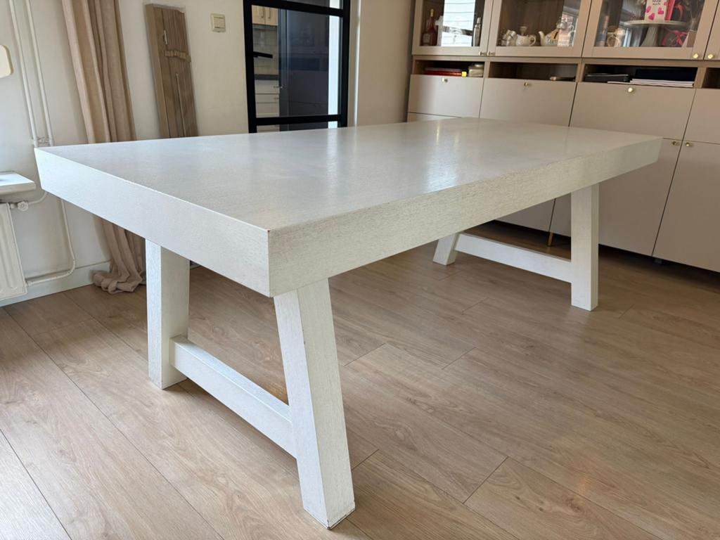 Grote mooie eettafel wit hout 220 x 100, Ophalen, Gebruikt, 100 tot 150 cm, Vijf personen of meer