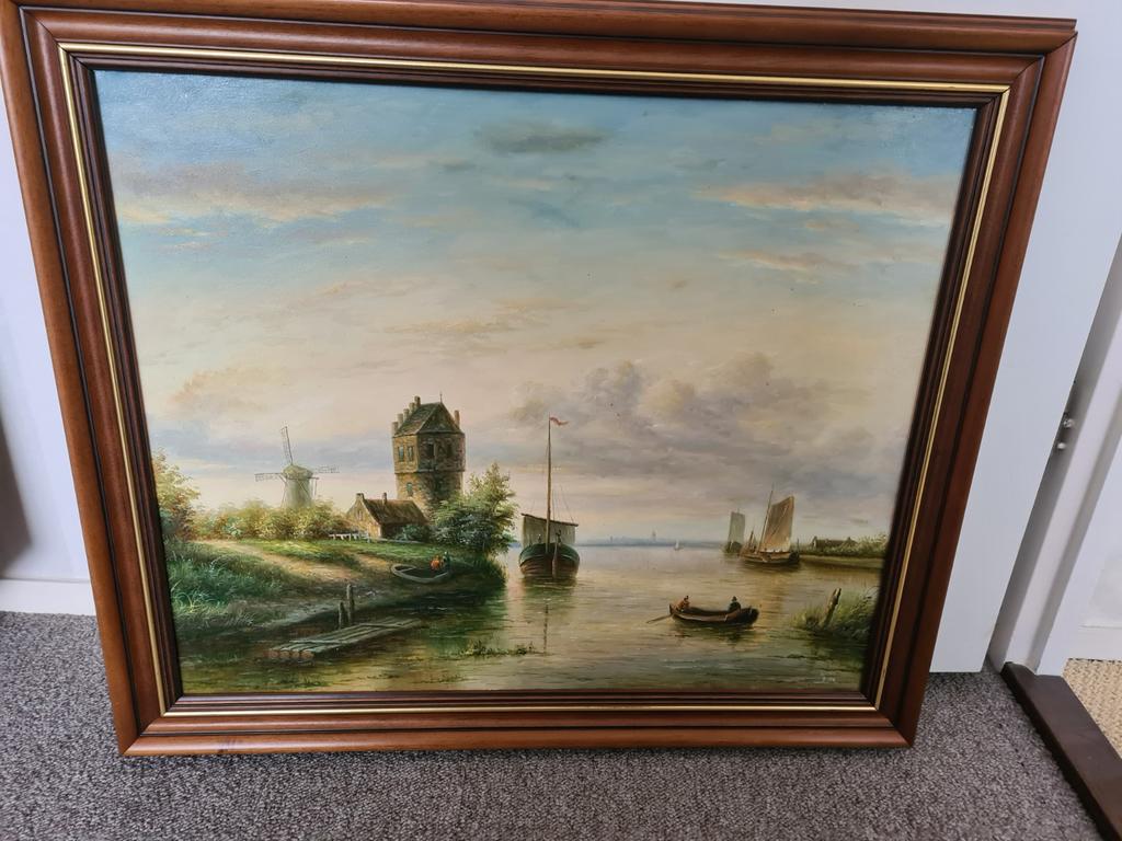 Oud Hollands landschap schilderij met molen en boten, Antiek en Kunst, Kunst | Schilderijen | Klassiek, Ophalen