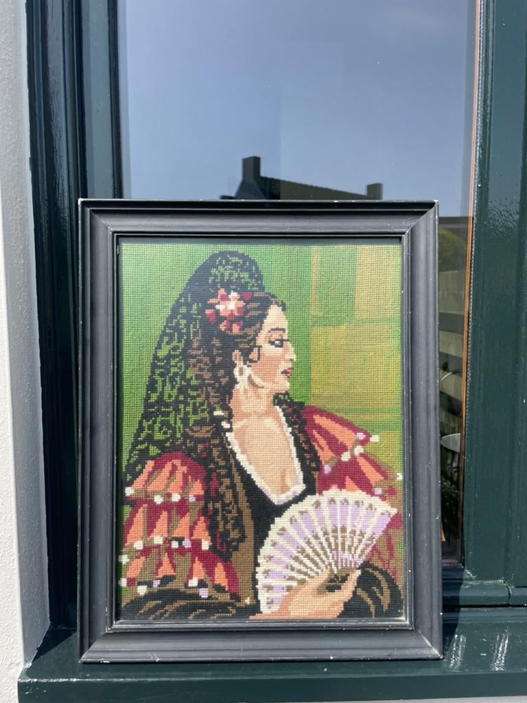 Retro geborduurd vintage  jaren 70 schilderij, Ophalen, Zo goed als nieuw, Minder dan 80 cm