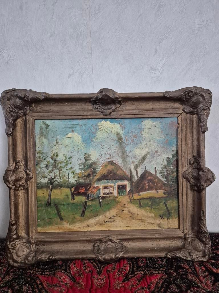 Oud schilderij met boerderij en rieten daken, Antiek en Kunst, Kunst | Schilderijen | Klassiek, Ophalen of Verzenden