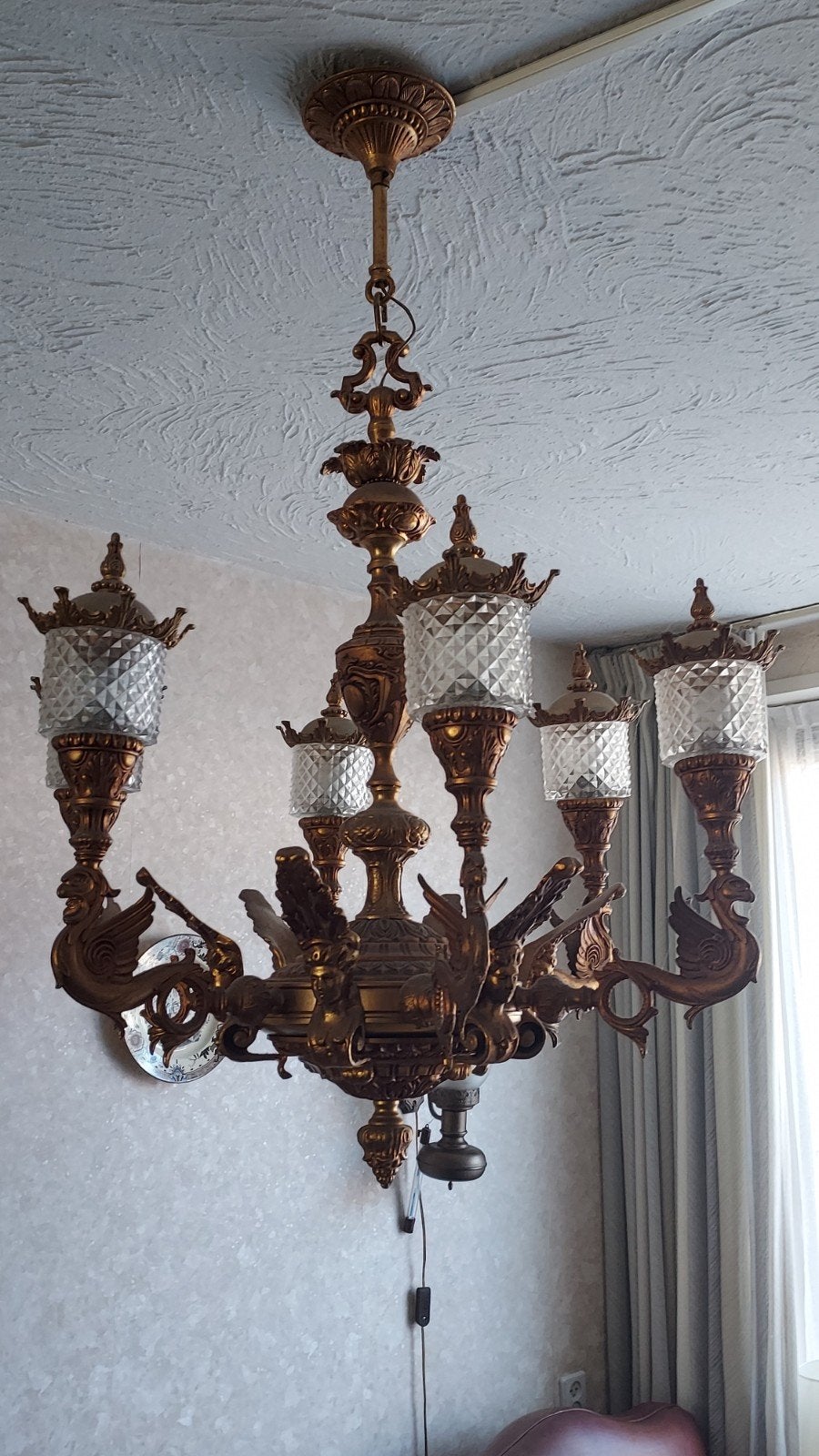Antieke bronzen kroonluchter met 5 lampen, Ophalen of Verzenden