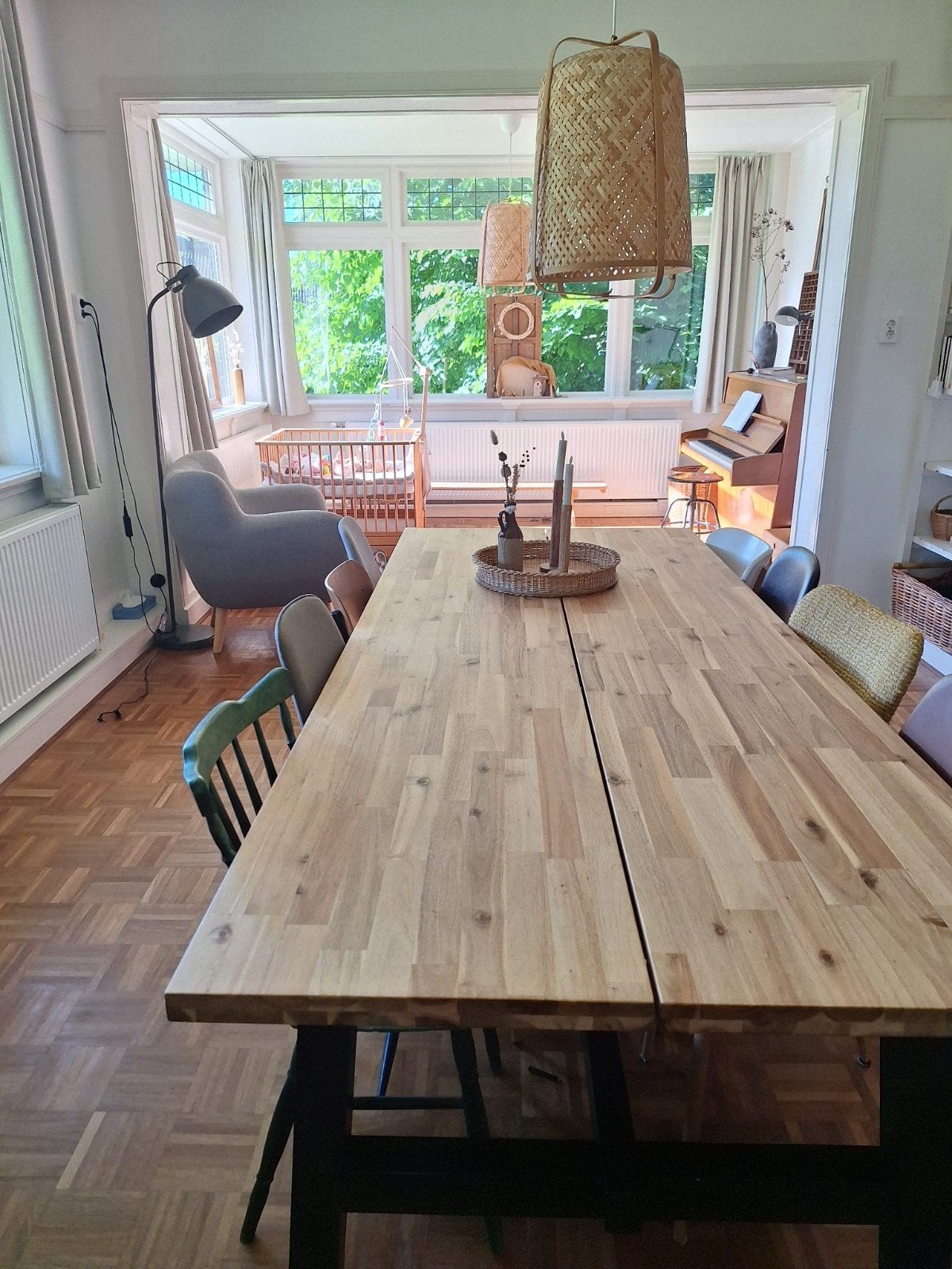 Skogsta ikea, grote houten eettafel met zwart onderstel, Gebruikt, 100 tot 150 cm, Modern, Industrieel, 200 cm of meer