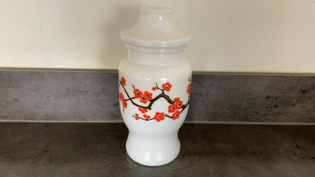 Ariel Belgium voorraadpot bloesem opaline vintage melkglas, Ophalen of Verzenden