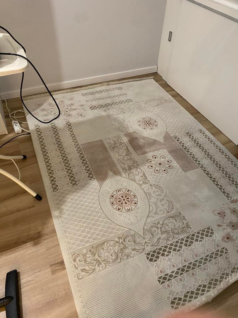 Modern tapijt met patroon - Beige/Crème, Gebruikt, Beige, 150 tot 200 cm, 200 cm of meer