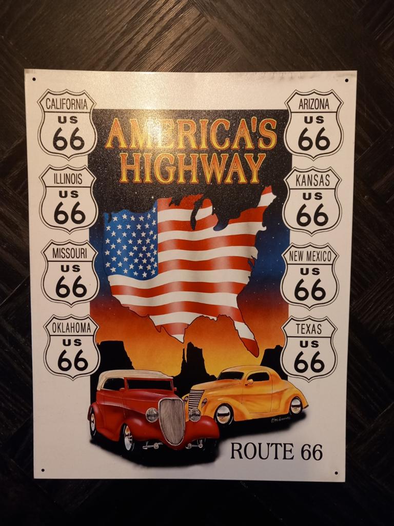 Route 66 'America's Highway' metalen bord, Ophalen of Verzenden, Gebruikt, Auto's
