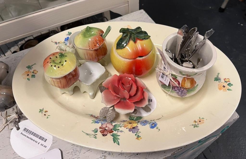 Brocante peper & zout stel - lepelvaasje - serveerschaal, Ophalen of Verzenden