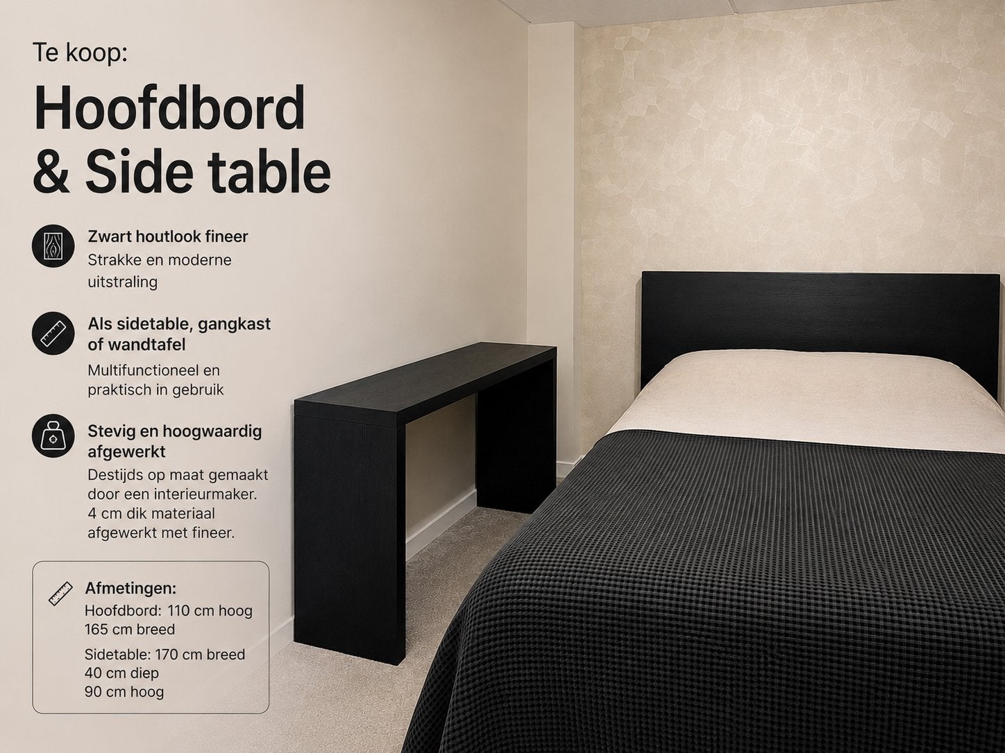 Moet weg! Hoofdbord & Sidetable - Zwart Houtlook Fineer, Ophalen, Nieuw, 150 tot 200 cm, Overige houtsoorten