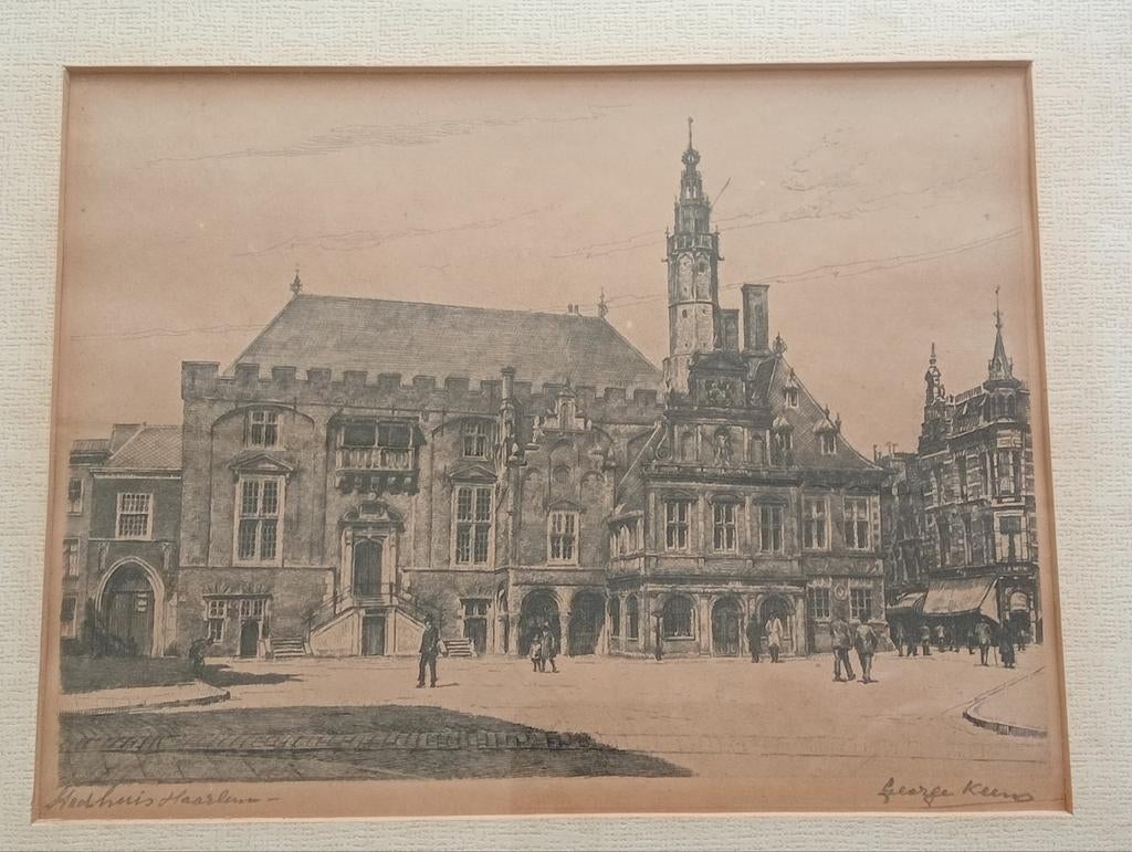 Hendrik Seegers Ets Stadhuis Haarlem pseudoniem George Keens, Antiek en Kunst, Ophalen of Verzenden