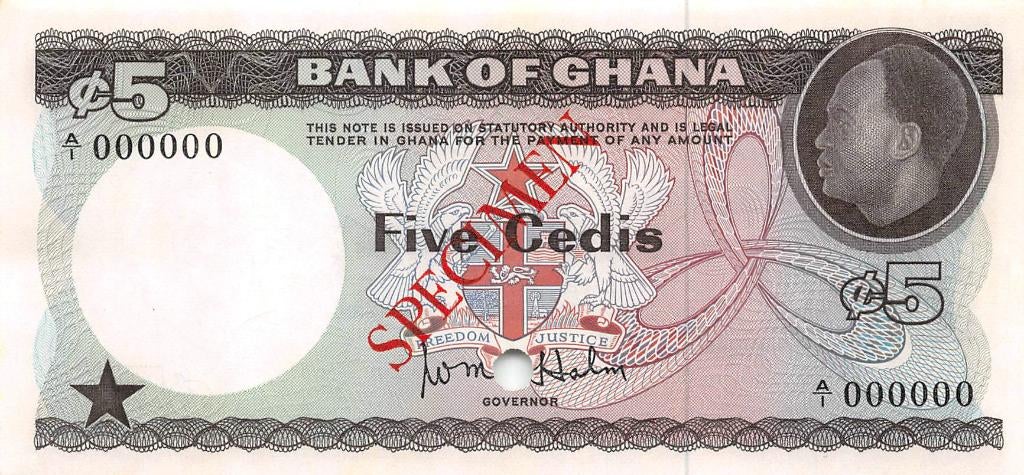 Ghana 5 Cedis 1965 Unc Specimen pn 6s, Ophalen of Verzenden, Overige landen, Los biljet