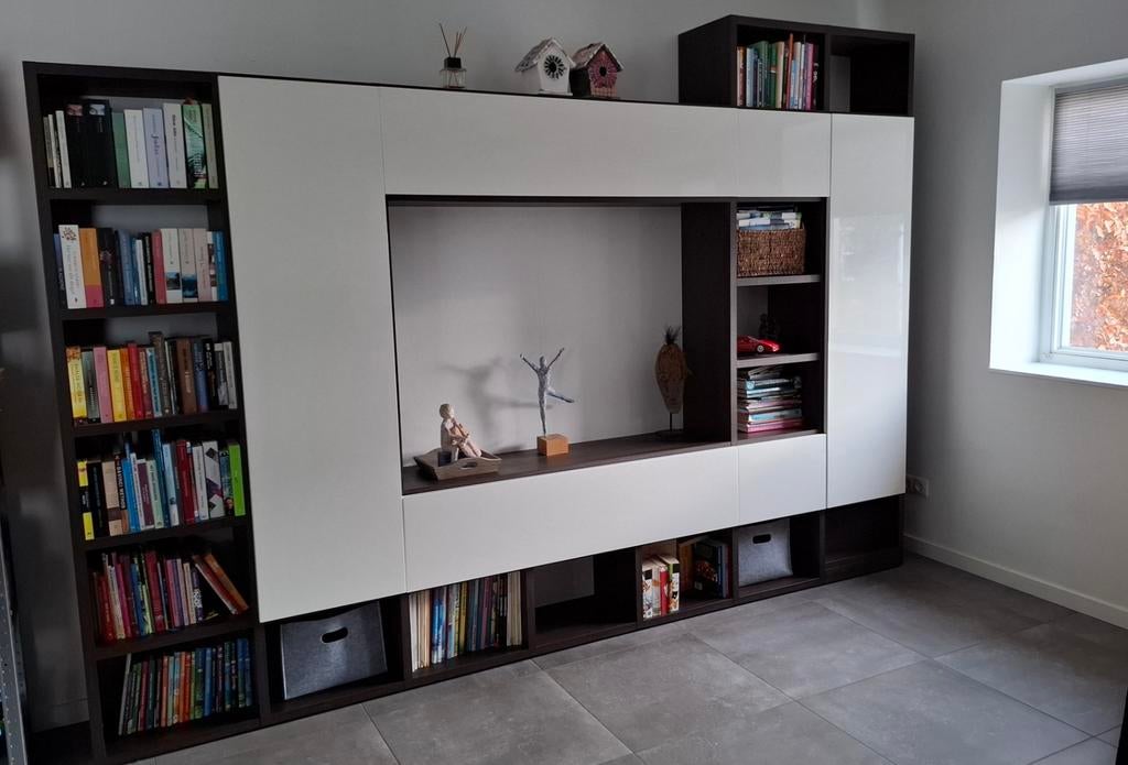 Boeken en media kast notenhout/hoogglans wit, Ophalen, Vrijstaande haard