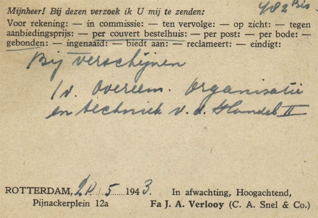 Fa. J.A. Verlooy, Rotterdam - 05.1943 - bestelkaart boekwerk, Postzegels en Munten, Brieven en Enveloppen | Nederland, Ophalen of Verzenden