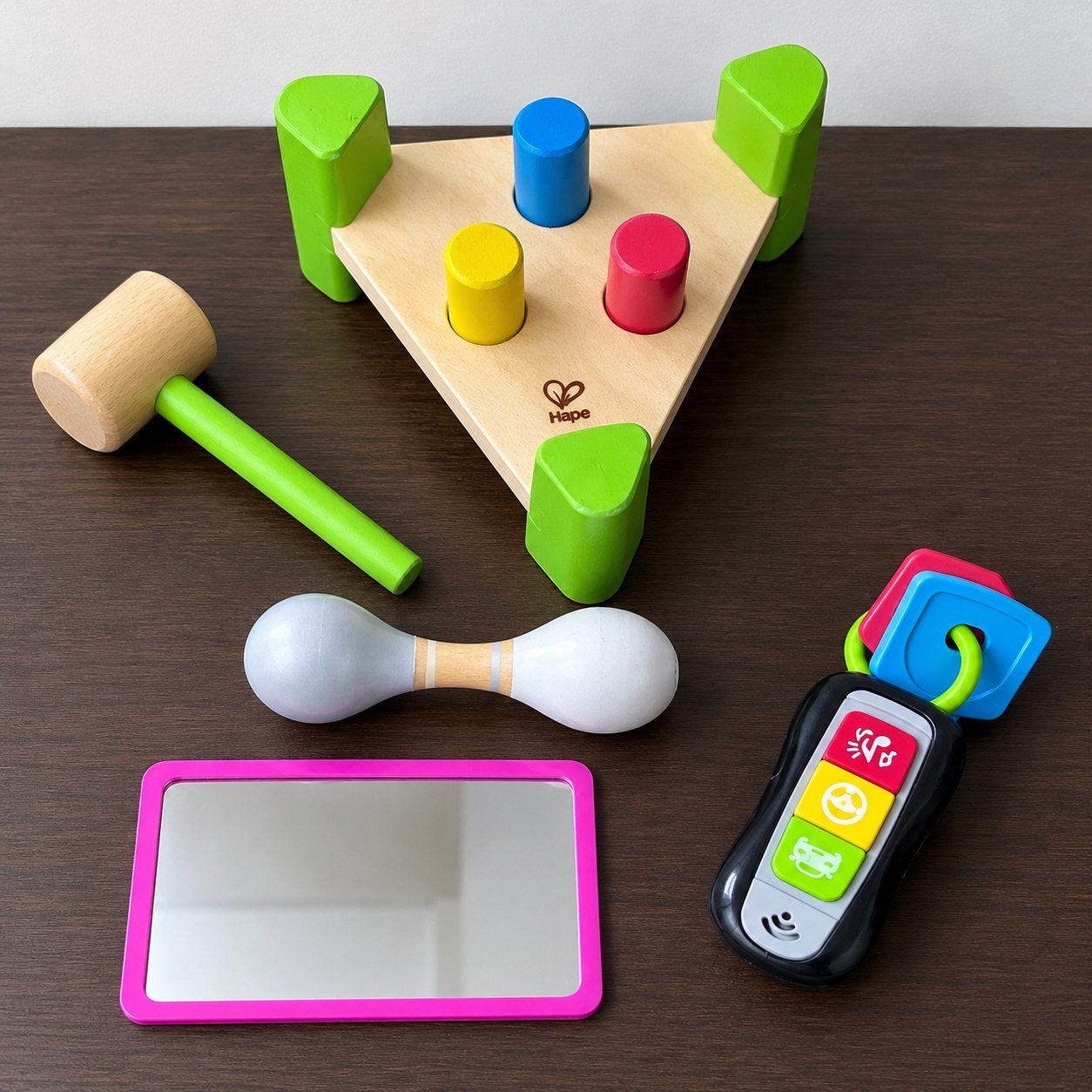 Diverse baby speelgoed set: rammelaar, spiegel, Hape hamerba, Ophalen of Verzenden, Gebruikt, Overige typen