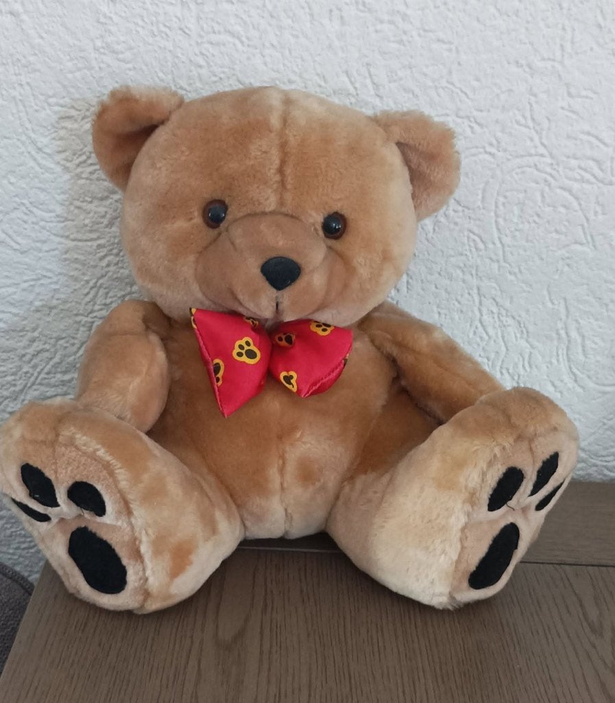 Schattige teddybeer met rode strik, Gebruikt, Beer, Ophalen of Verzenden, Middelgroot (20 tot 80 cm)