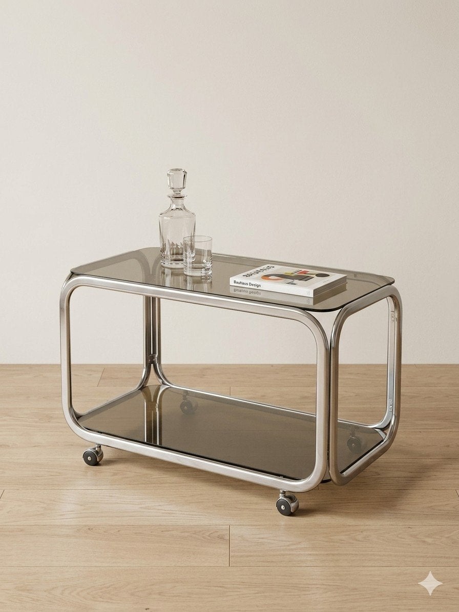Chrome Space Age trolley  | sidetable, Ophalen, 50 tot 100 cm, Glas, Zo goed als nieuw