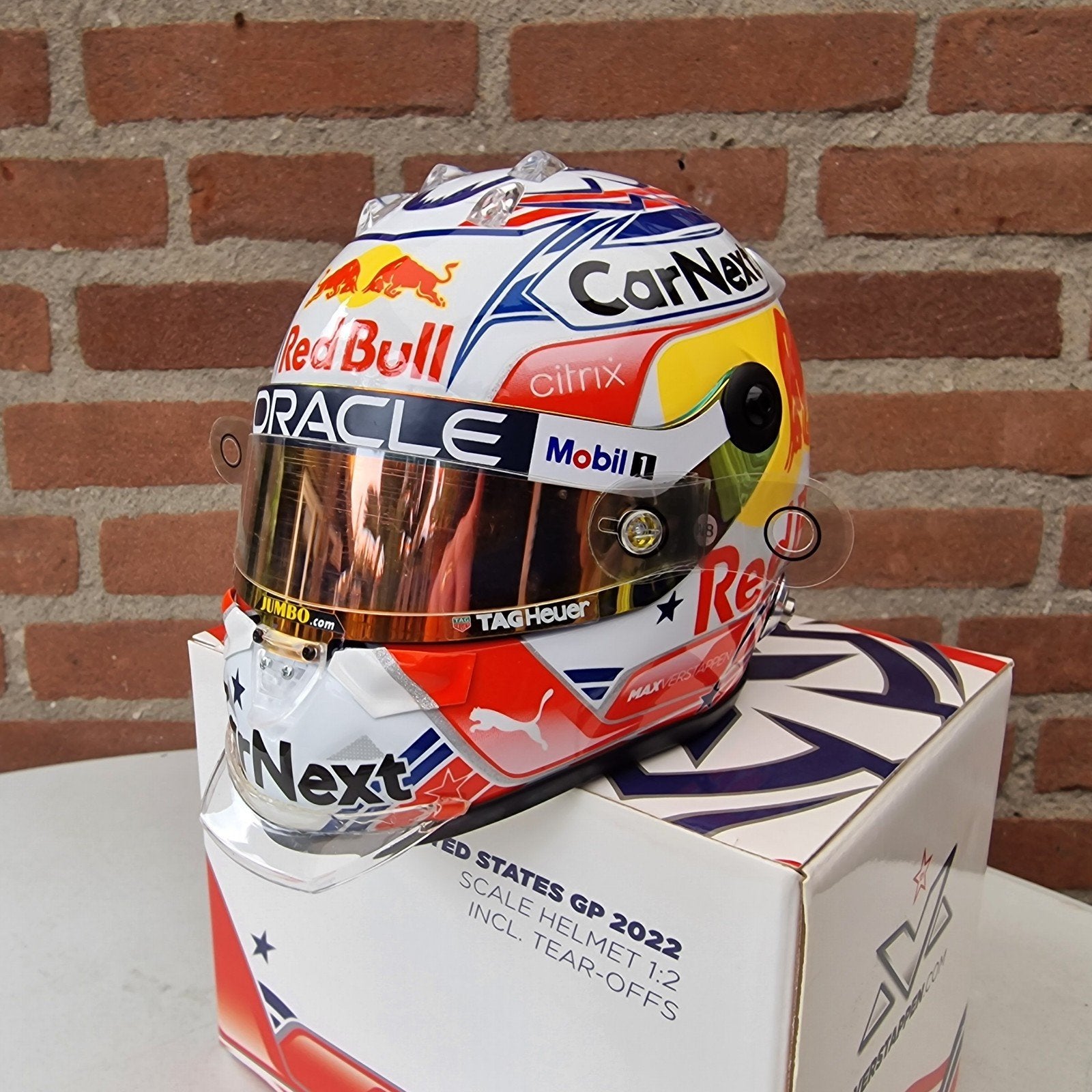 Max Verstappen.  Helm 1:2. United States GP 2022 + Updates.., Ophalen of Verzenden, Zo goed als nieuw, Formule 1