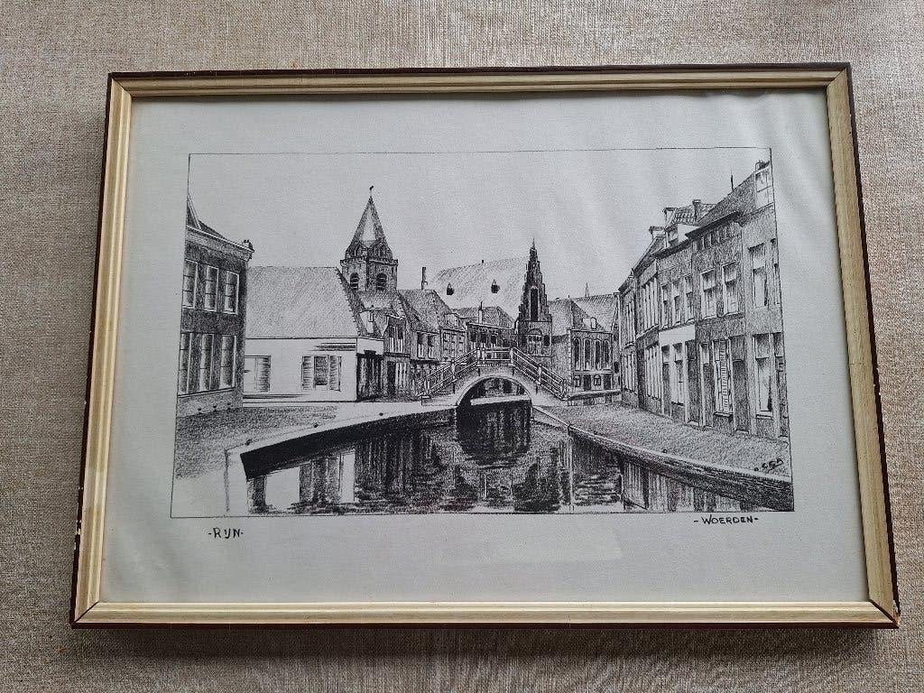 Oude tekening / prent van Woerden " Rijn ", Antiek en Kunst, Kunst | Schilderijen | Klassiek, Ophalen, Overige stijlen, Tekening