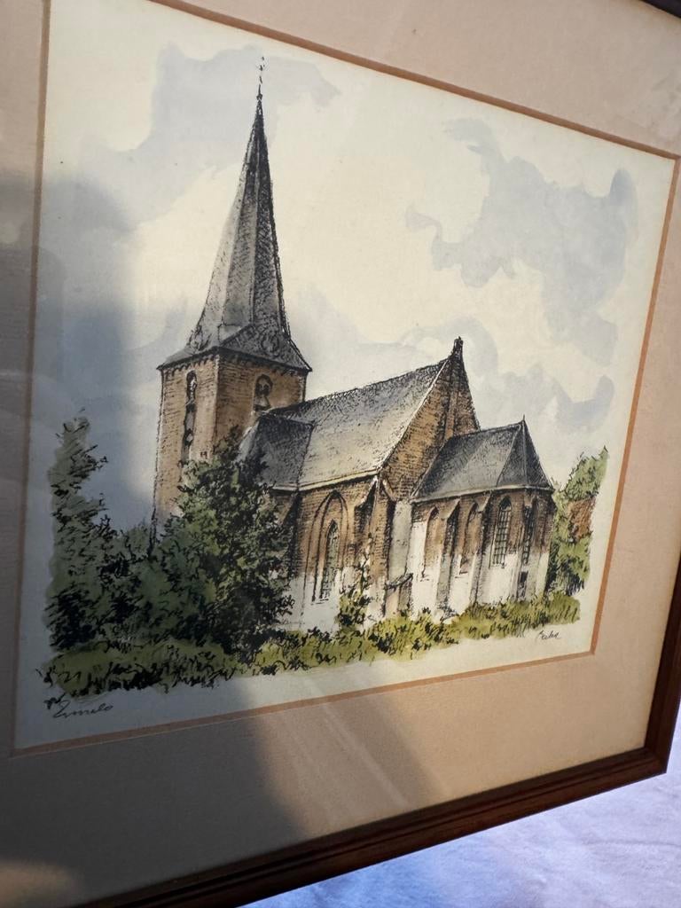 Ingelijste aquarel kerkje van 't Zand, Ophalen of Verzenden