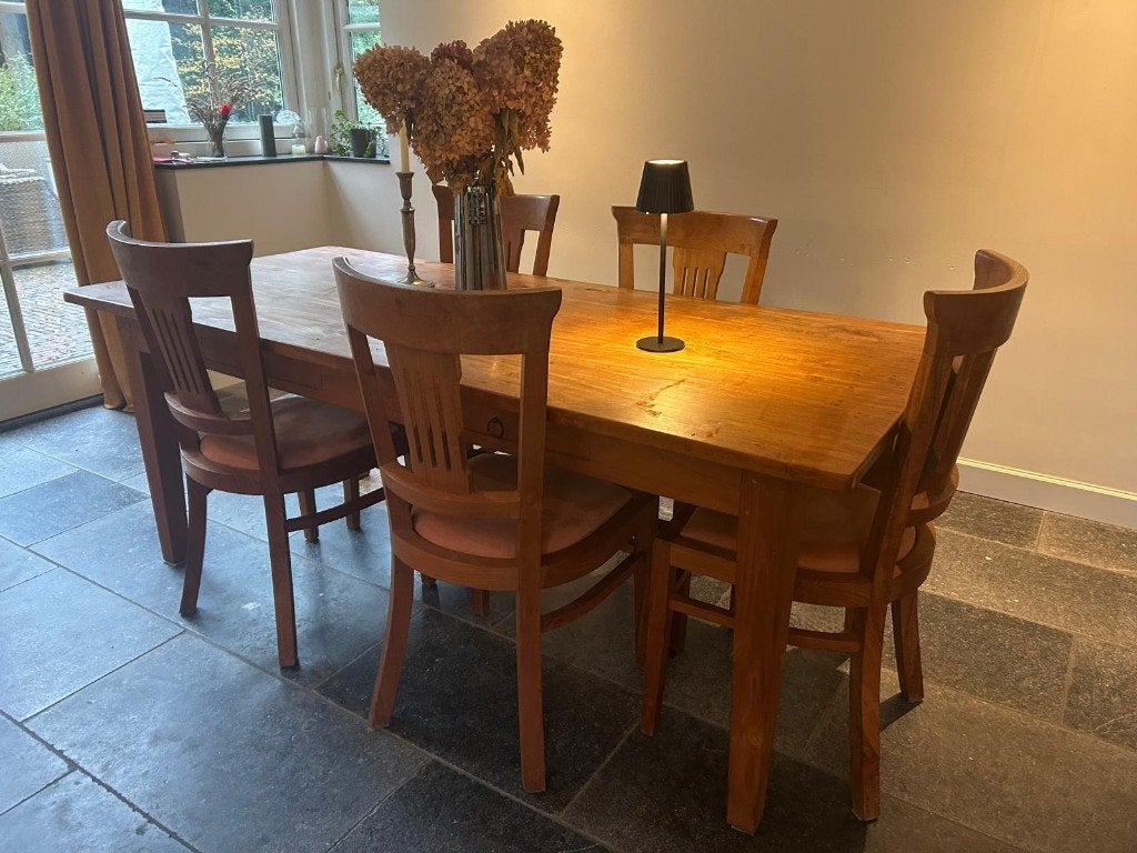 Teakhouten eettafel met stoelen (200 x 90 cm), Ophalen, Gebruikt, Teakhout, 50 tot 100 cm