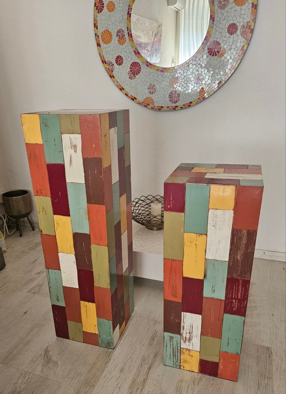 2 Zuilen /sokkels nieuwstaat, Ophalen, Hout, Meerkleurig, Mediterraans