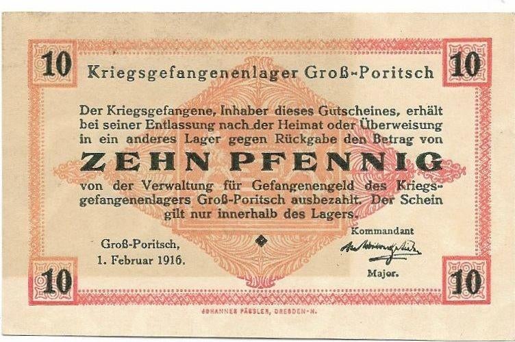 WOI kampgeld Gross Portisch 10 pfennig 1916 POW, Postzegels en Munten, Ophalen of Verzenden, Duitsland, Los biljet