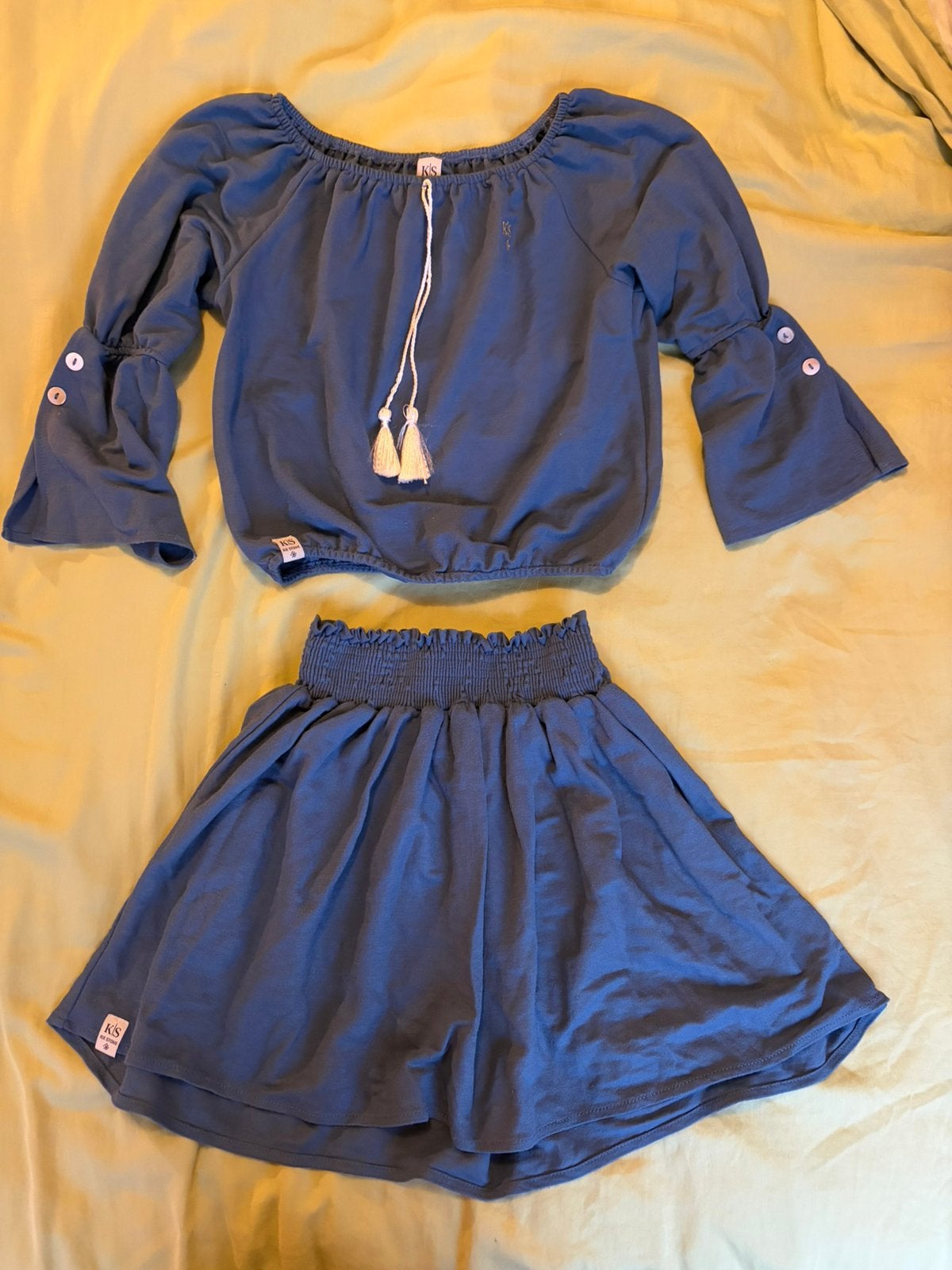 Setje shirt met bijbehorende broek en rokje blauwe katoen, Ophalen of Verzenden, Nieuw, Meisje