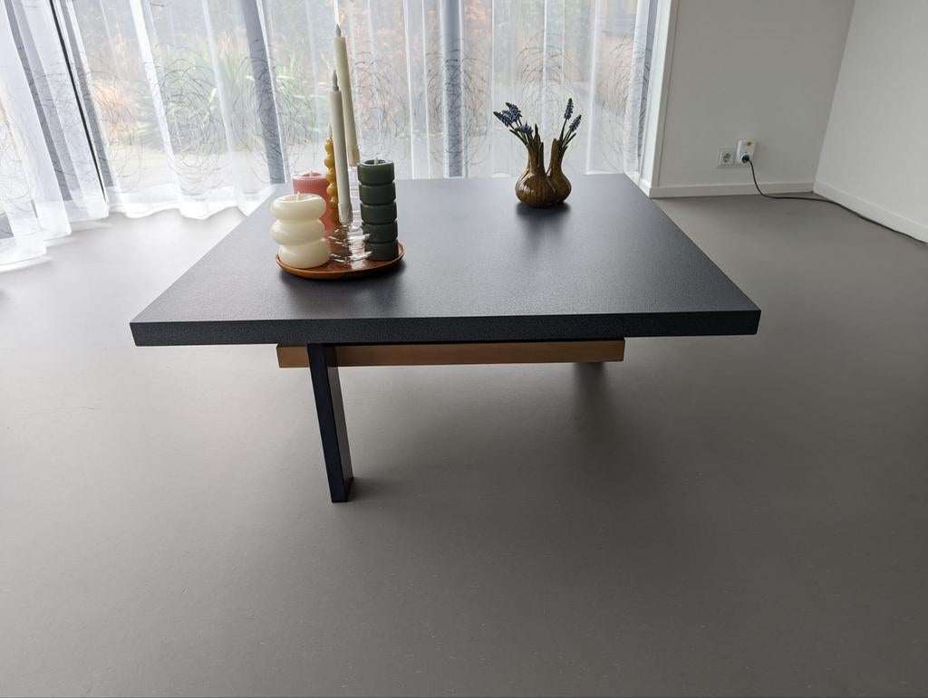 Moderne Salontafel - Blauw met Houten Accent, Ophalen, 50 tot 100 cm, Vierkant, 50 tot 100 cm