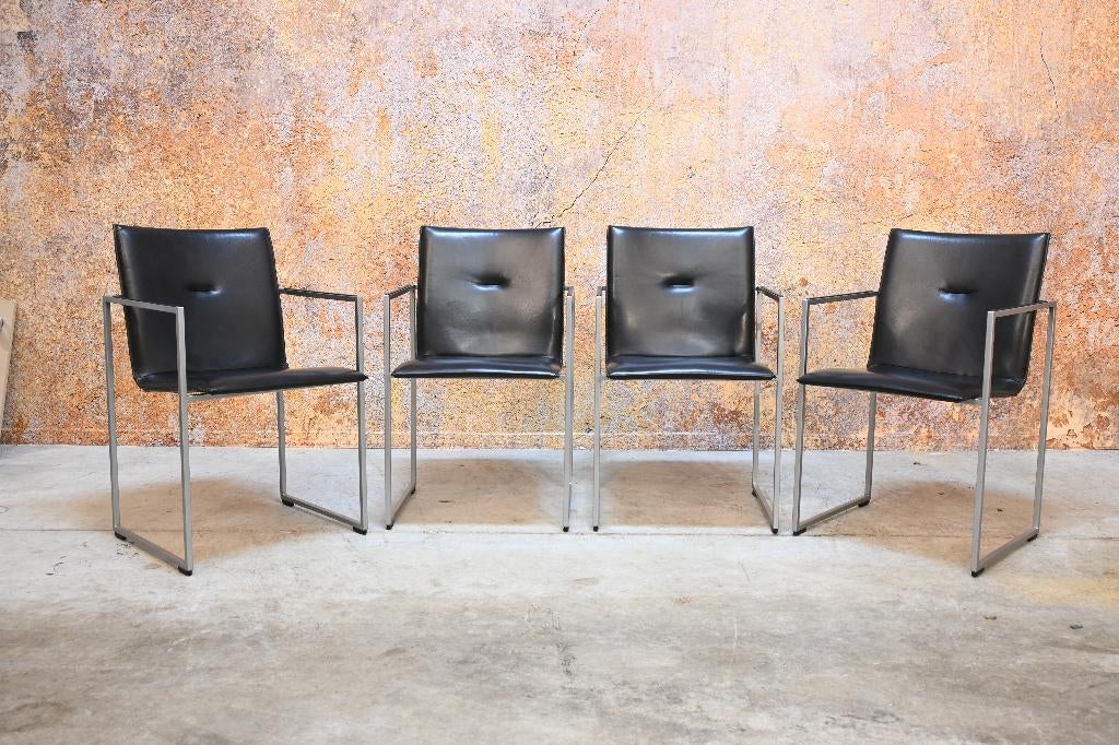 ZGANieuw 4 zwarte leren Arco Frame design eetkamerstoelen, Arco, Zwart, Ophalen of Verzenden, Zo goed als nieuw