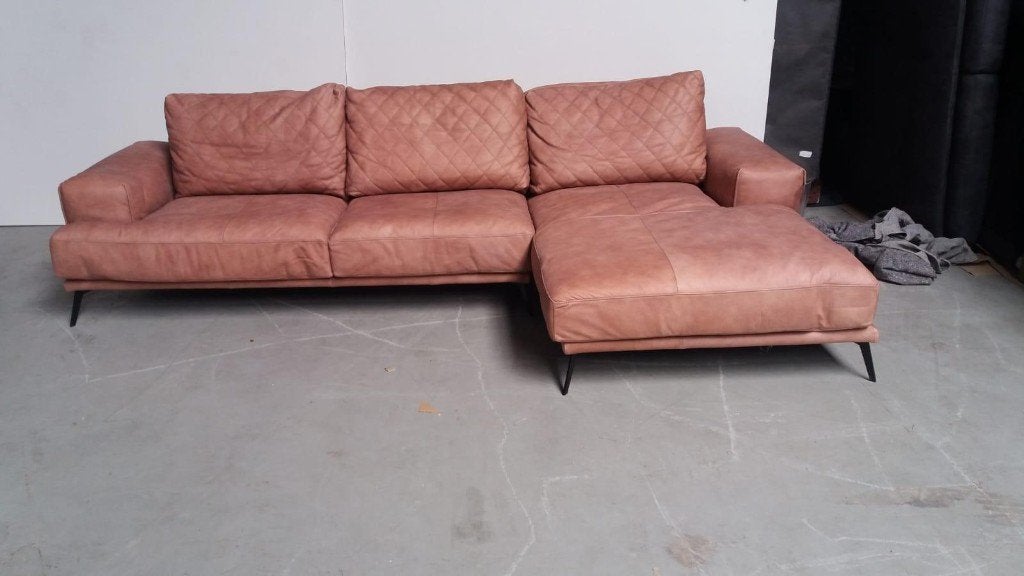 Leren hoekbank / loungebank cognac – ruime 3-zits, Huis en Inrichting, Gebruikt, 125 tot 150 cm, Hoekbank, Driepersoons