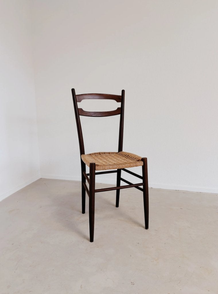 VINTAGE STOEL GEVLOCHTEN ZITTING | GIO PONTI STYL (Z.G.A.N.), Huis en Inrichting, Ophalen, -, Zo goed als nieuw, Hout