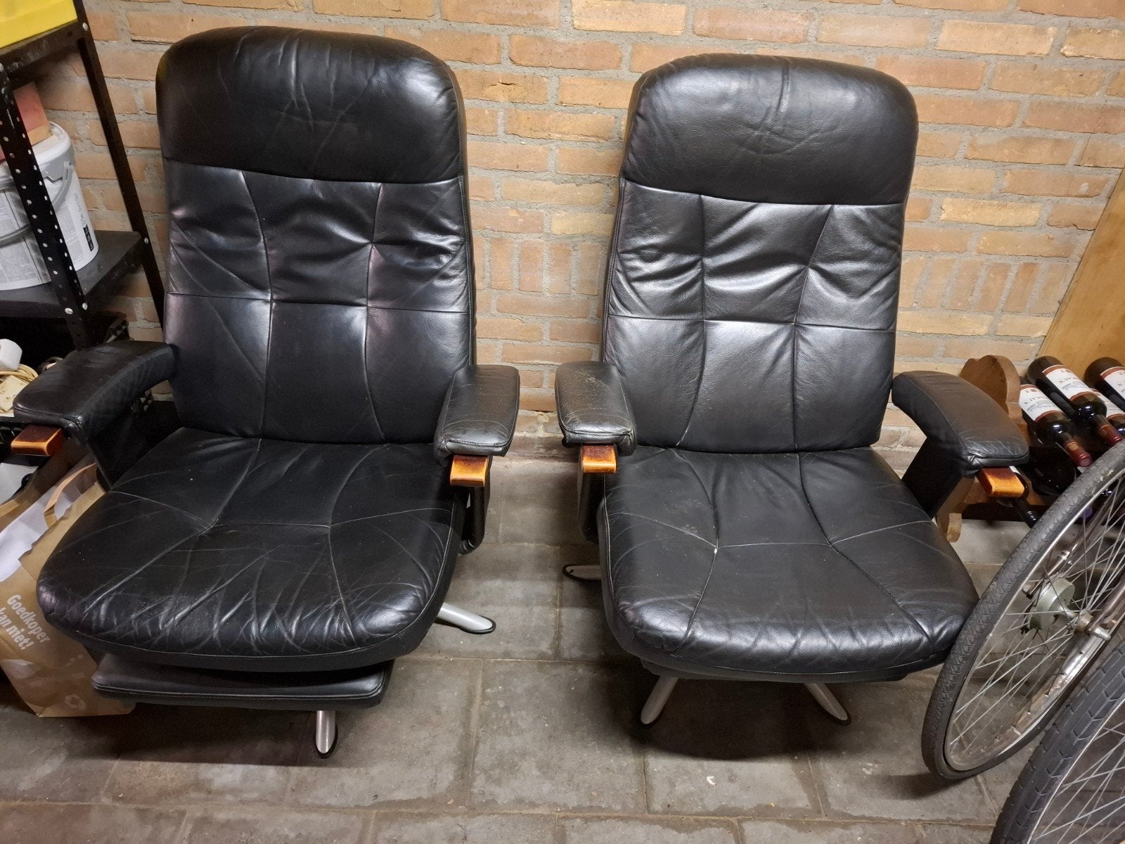 Leren stoelen - Zwart 2 stuks, Ophalen, Gebruikt, Zwart, Leer