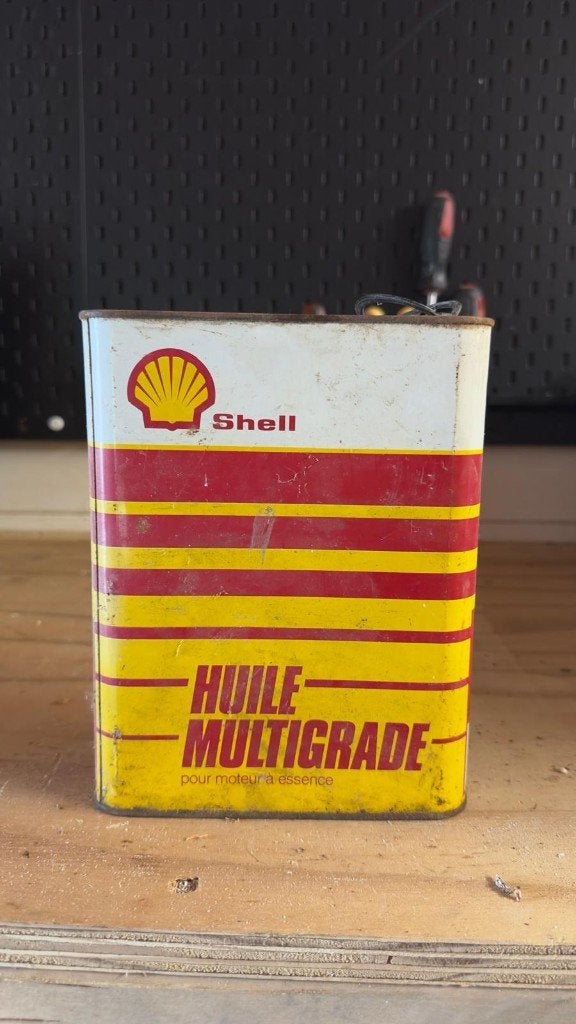 Vintage Shell Huile Multigrade Olieblik (2L) - Met Trekoog, Verzamelen, Ophalen of Verzenden, Gebruikt, Overige, Overige merken