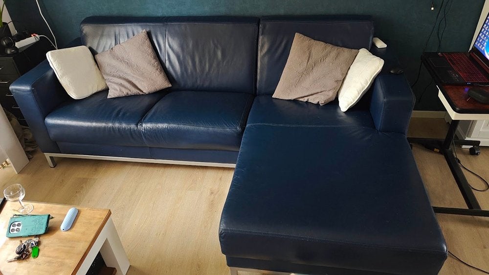 Montel Hoekbank - Donkerblauw Leder, Huis en Inrichting, Ophalen, Modern, Comfortabel, Gebruikt, Leer